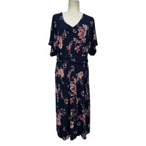 J Jill Floral Blue Midi Dress Button Front Short Sleeve Medium